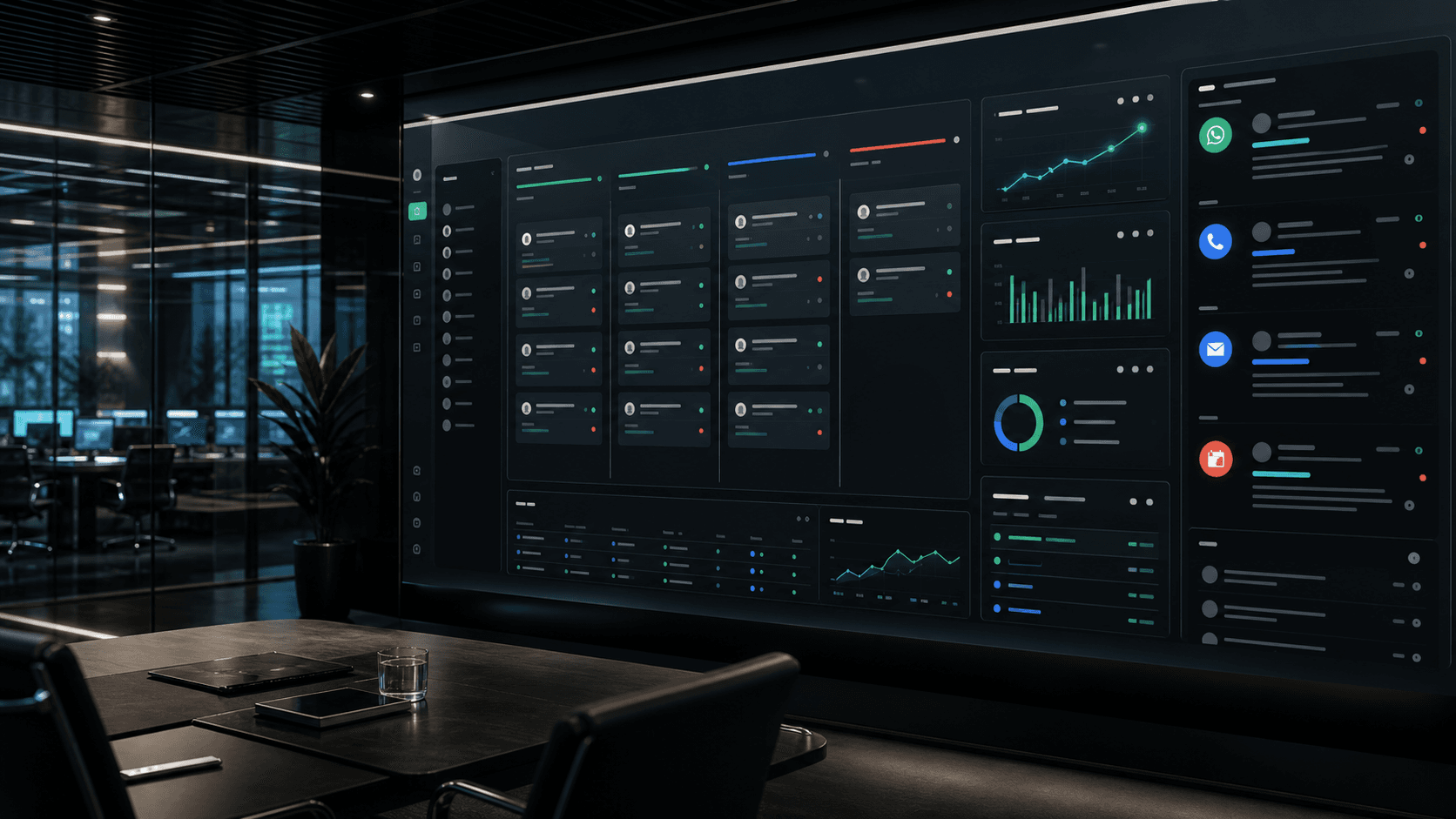 Painel premium de CRM com agentes autônomos, canais de atendimento e pipeline de vendas